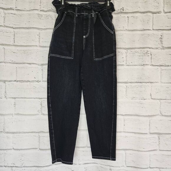 Something Navy Paperbag Waistbag Straight Leg High Rise Denim Jeans Black Size 6 - Picture 2 of 12